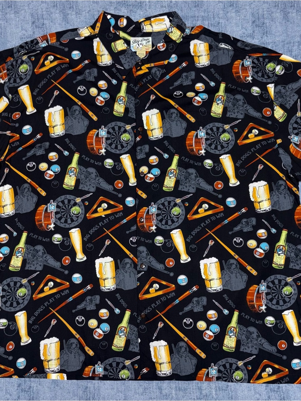 Vintage Y2K Big Dogs Darts Beer Pool Billiards All Over Print Button Up Size 5X